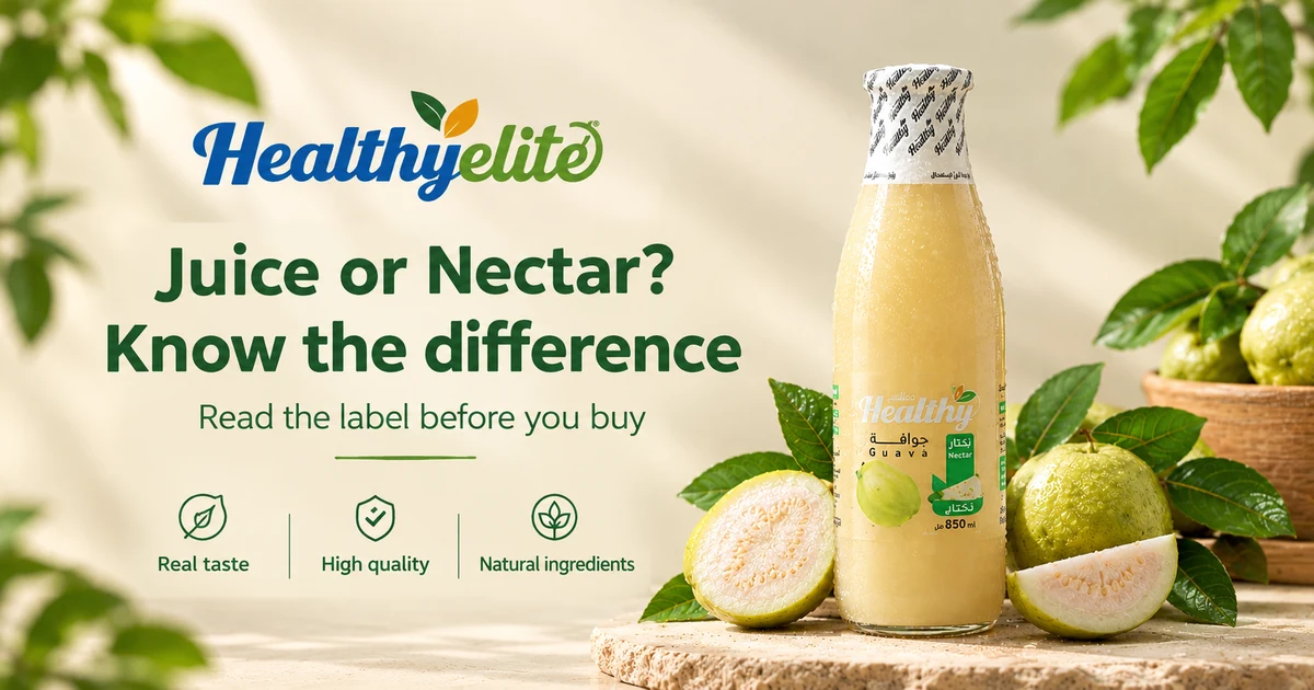 Healthy Elite nectar bottle next to a glass of fruit juice